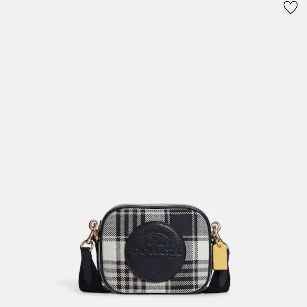 Coach Mini Dempsey Camera Bag with garden plaid print and coach patch